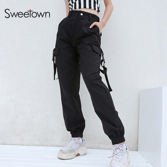 Sweetown Plus Size Harajuku Cargo Pants Women Black High Waist .
