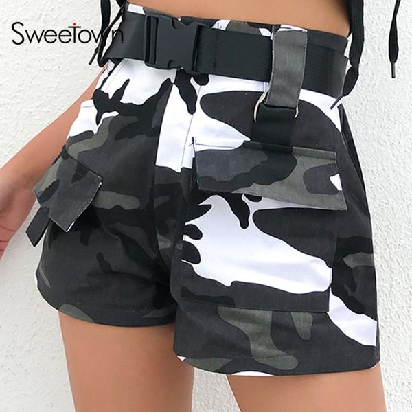 Sweetown Casual Camouflage Cargo Shorts Women Summer 2019 Chic .