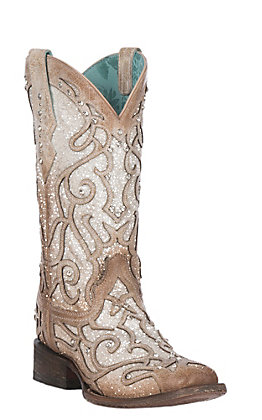 Corral Women's White Glitter Inlay Square Toe Western Boots .