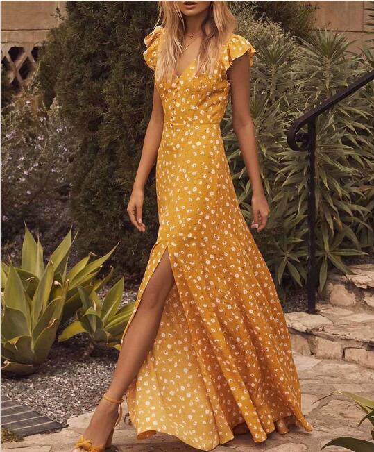 Sweet Floral Printing Summer Dress Back Hollow Out Yellow Sundress .