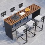 7 Pieces Rectangle Outdoor Patio Bar Dining Set with Teak Table .