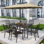 8pc Outdoor Dining Set With Metal Slat Top Table & Wrought Iron .