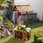 Sizzim Outdoor Wishing Well Wooden Planter with Hanging Bucket for .