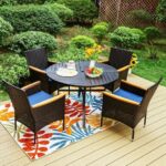 5pc Outdoor Dining Set With Wicker Chairs With Cushions & Round .