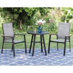 3pc Patio Dining Set With Small Round Steel Table & Sling Chairs .